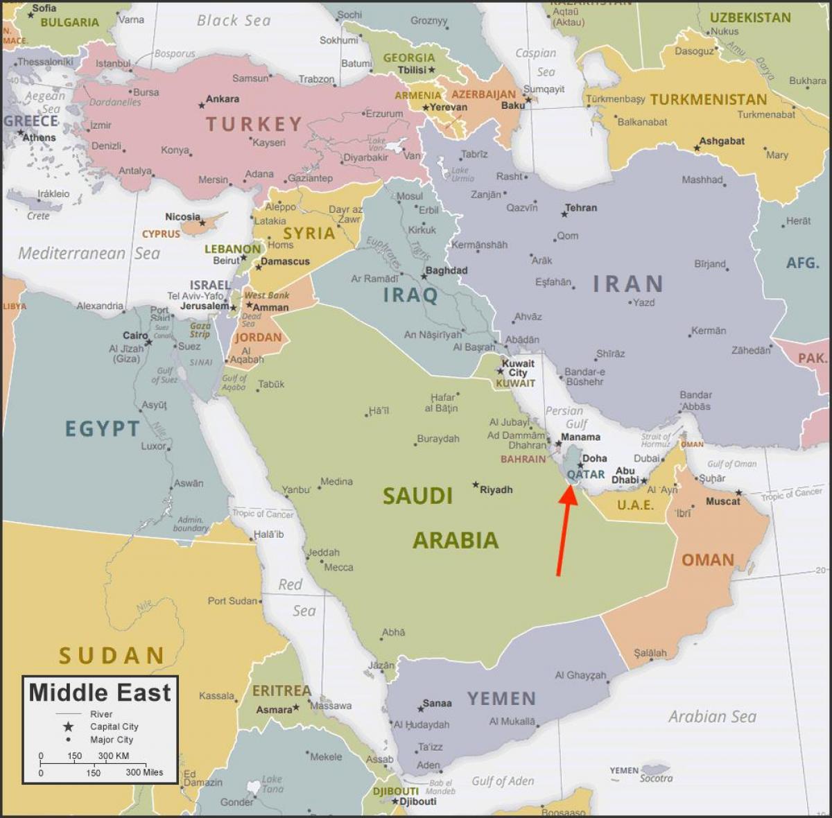 Ligging van Qatar op de kaart van West-Azië